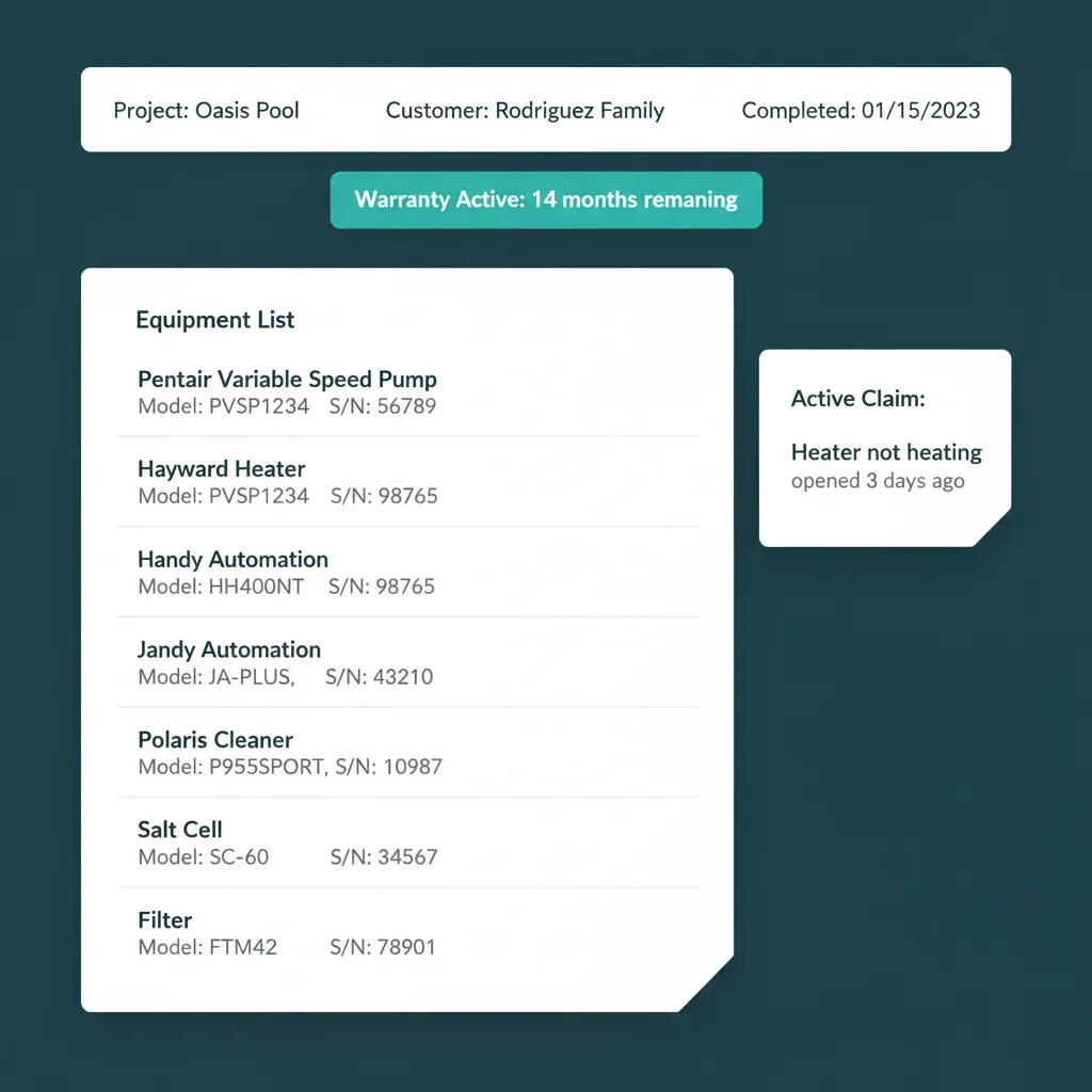 WFP Warranty phase view for a completed pool with an equipment list of 5 to 6 manufacturer-named items and an active heater claim card