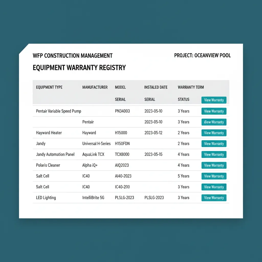 WFP equipment registry table with six rows of pool equipment showing manufacturer, model, serial, install date, warranty term, and View Warranty links
