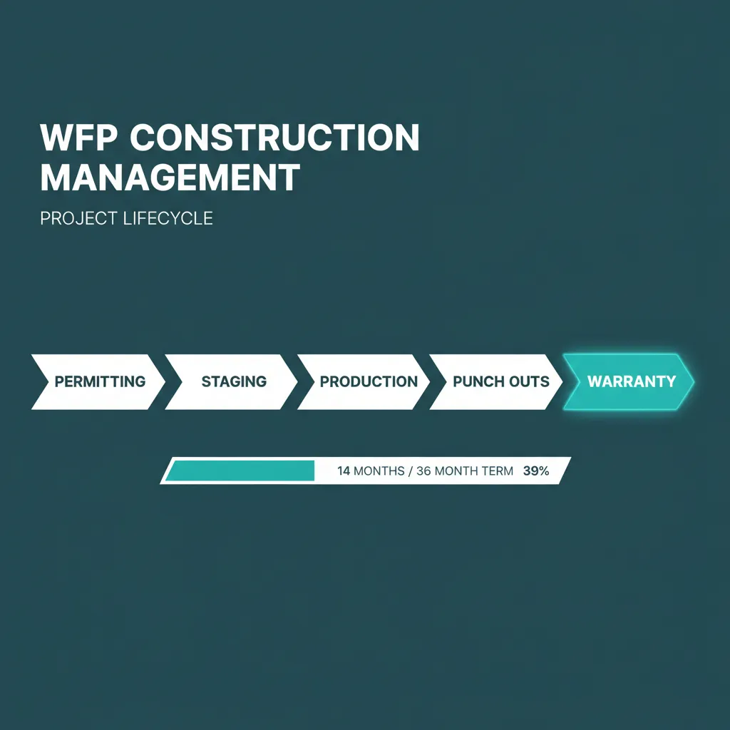 WFP project lifecycle showing five phases with Warranty highlighted in primary teal and a 14-of-36-month duration indicator
