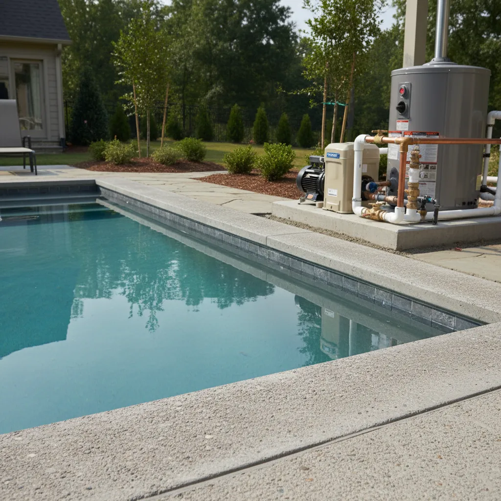 A finished residential pool with visible equipment pad including a Pentair pump and Hayward heater, photographed in documentary style