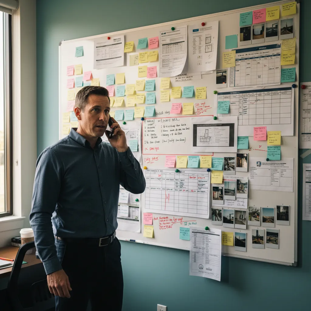 A construction project manager standing in front of a whiteboard covered in sticky notes, project printouts, and permit reminders, mid-phone call