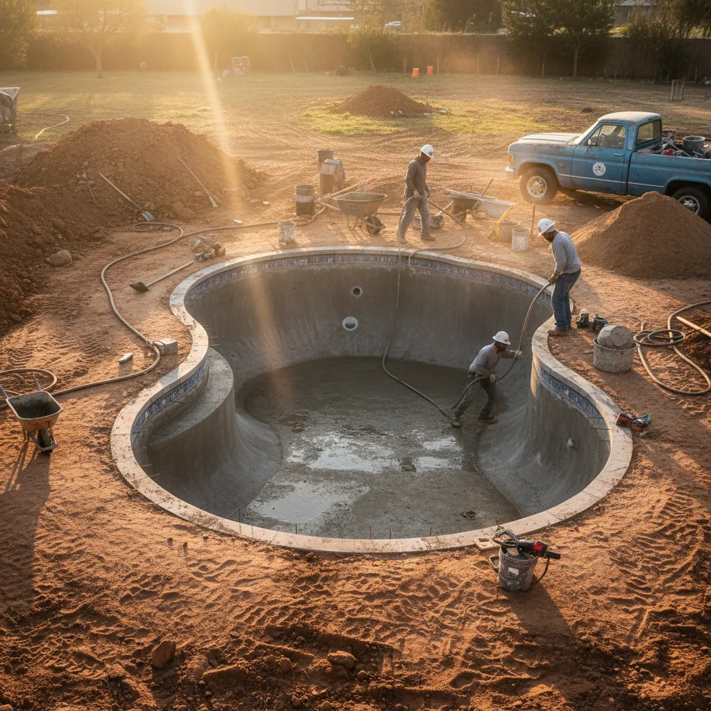 Documentary-style photograph of a mid-build pool construction site in early Tuesday morning light, with gunite shell forming and crew tools laid out