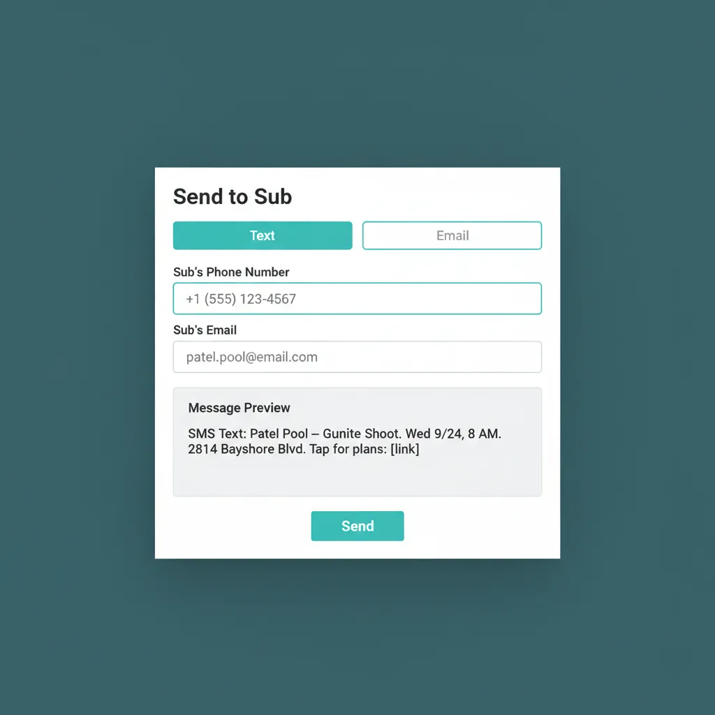 WFP send-to-sub modal with a preview of the resolved SMS containing project name, date, address, and a tappable plans link