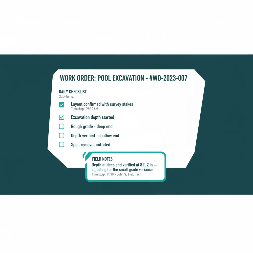 WFP work order checklist with six sub-items, two checked with timestamps, and a timestamped field note about deep-end depth